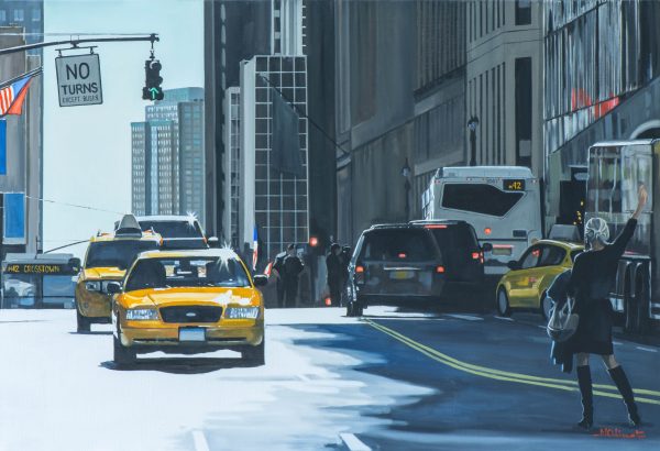 ODINET Nicolas Hailing a cab in NYC, 2024 Huile sur toile (130 x 89 cm)